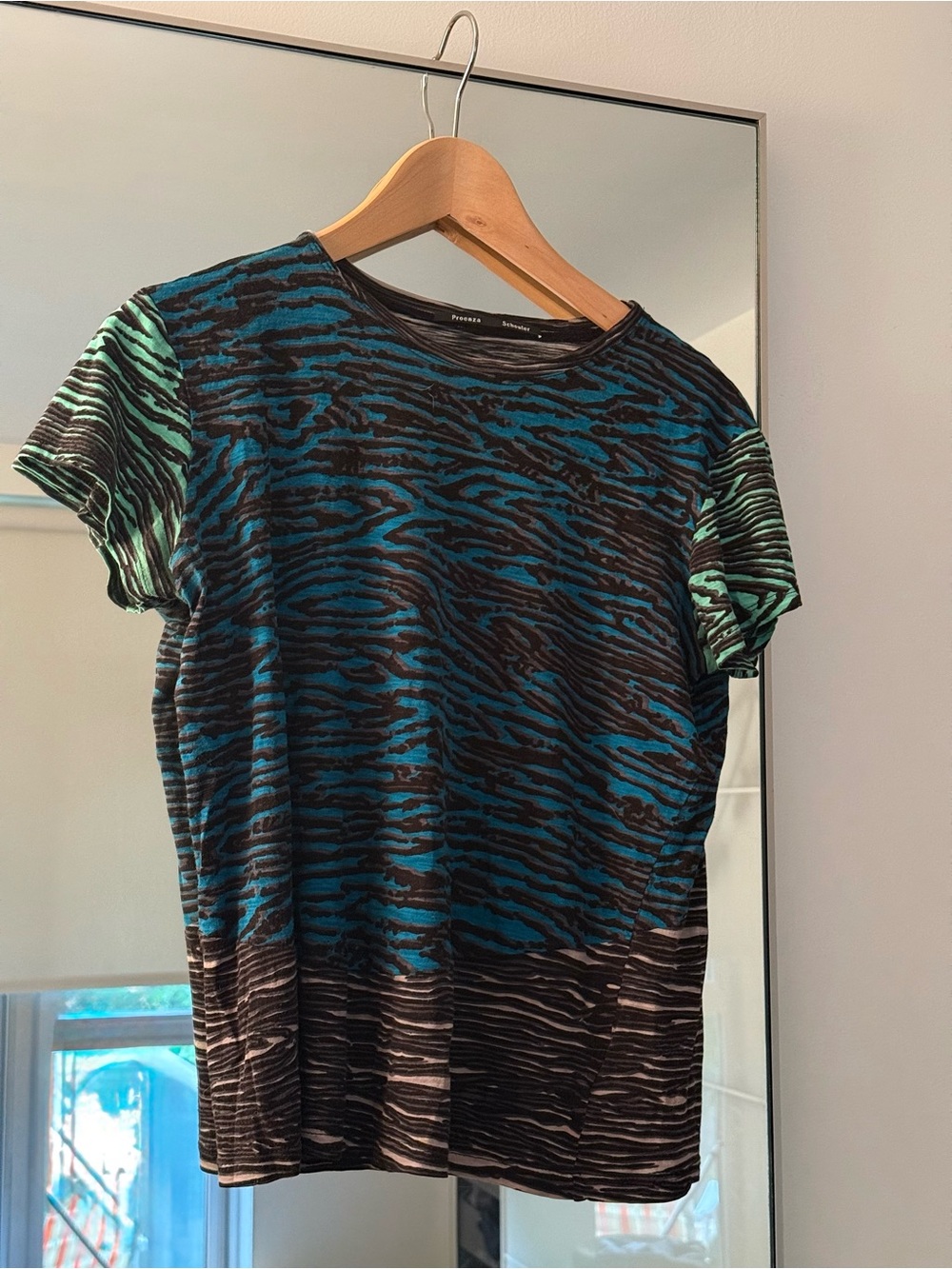 Proenza Schouler Black, Teal & Gray Striped Wave Tee